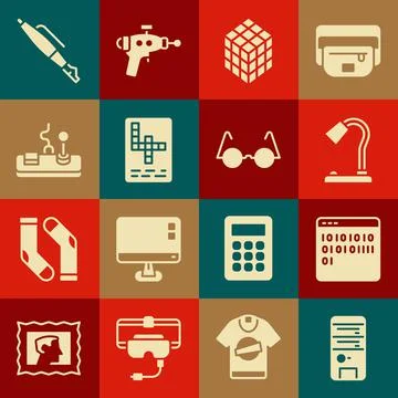 Set Computer, Binary code, Table lamp, Rubik cube, Crossword, Gamepad, Fountain Illustrazione stock