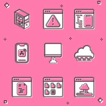 Set Computer, Browser with exclamation mark, Software, Mobile Apps, monitor 스톡 일러스트