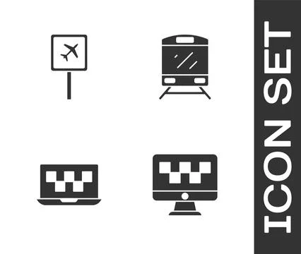 Set Computer call taxi service, Airport, Laptop and Train icon. Vector Stock Illustration