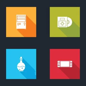 Set Computer, CD or DVD disk in box, Bottle with magic elixir and Portable vi Illustrazione stock