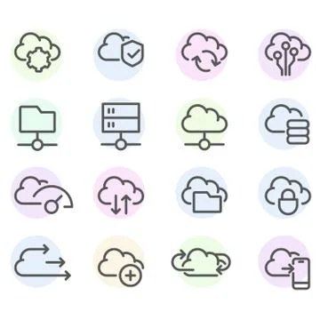 Set of computer cloud line icons -  data synchronisation, transfer, cloud com Stock Illustration