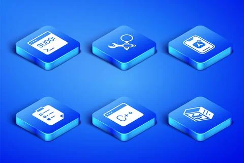 Set Computer, Code terminal, Software, Clipboard with checklist, Debugging and Stock Illustration