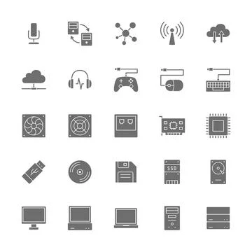 Set of Computer Components Grey Icons. System Unit, Console, Server and more. Stock Illustration