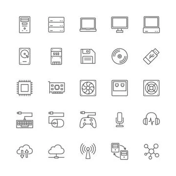 Set of Computer Components Line Icons. System Unit, Console, Server and more. Stock Illustration