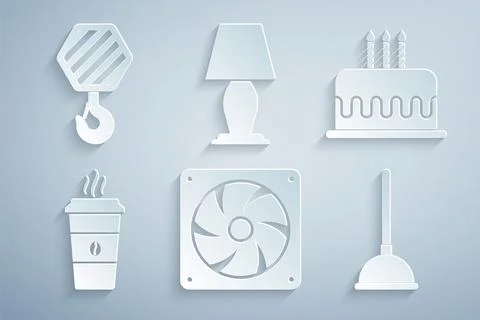Set Computer cooler, Cake with burning candles, Coffee cup, Rubber plunger Illustrazione stock