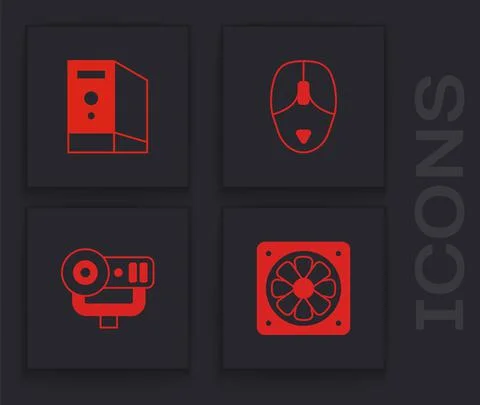 Set Computer cooler, Case of computer, mouse and Web camera icon. Vector 스톡 일러스트