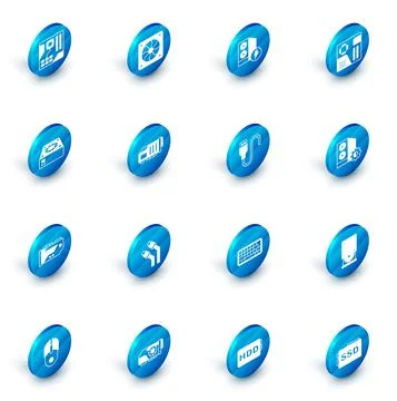 Set Computer cooler, Case of computer, Motherboard digital chip, Video graphic 스톡 일러스트