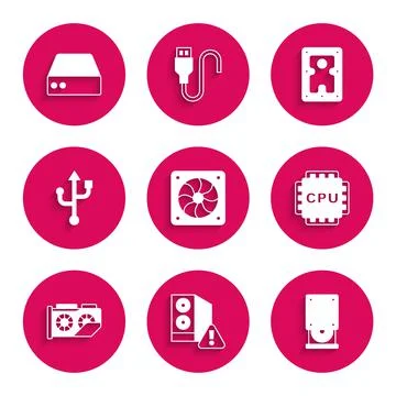 Set Computer cooler, Case of computer, Optical disc drive, Processor with CPU 스톡 일러스트