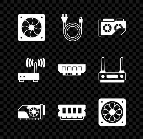 Set Computer cooler, Electric plug, Video graphic card, RAM, random access Illustrazione stock