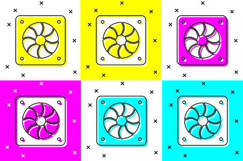 Set Computer cooler icon isolated on color background. PC hardware fan. Vector Stockillustratie