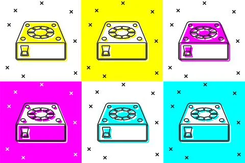Set Computer cooler icon isolated on color background. PC hardware fan. Vector Stock Illustration