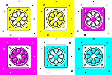 Set Computer cooler icon isolated on color background. PC hardware fan. Vector 库存插图