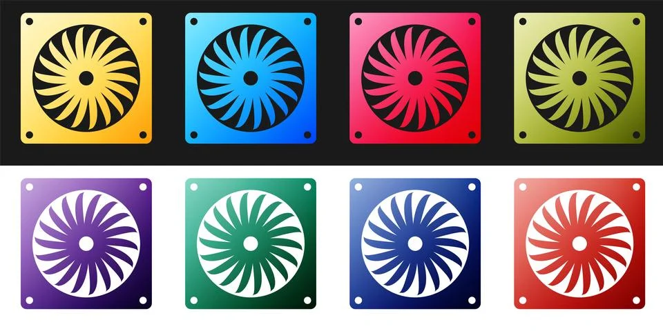 Set Computer cooler icon isolated on black and white background. PC hardware fan Stock Illustration