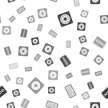 Set Computer cooler, Keyboard, Hard disk drive HDD and on seamless pattern Stock Illustration