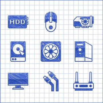 Set Computer cooler, LAN cable network internet, Router and wi-fi signal, Case Illustrazione stock