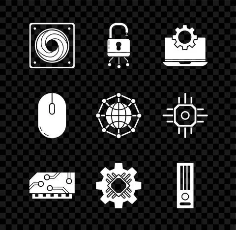 Set Computer cooler, Lock on digital circuit board, Laptop and gear, RAM, random Illustrazione stock