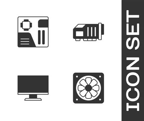 Set Computer cooler, Motherboard digital chip, monitor screen and Video graphic Illustrazione stock