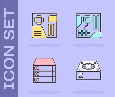Set Computer cooler, Motherboard digital chip, Server, Data, Web Hosting and Stock-Illustration