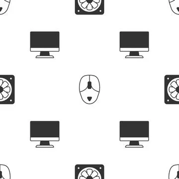 Set Computer cooler, mouse and monitor screen on seamless pattern. Vector Stock Illustration