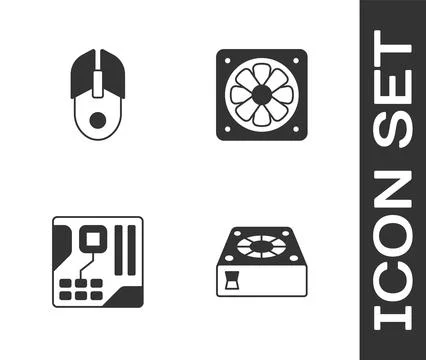 Set Computer cooler, mouse, Motherboard digital chip and  icon. Vector 库存插图