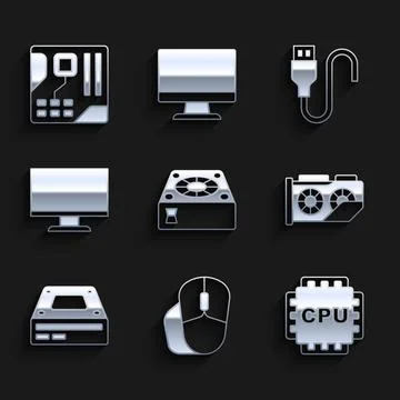 Set Computer cooler mouse Processor with CPU Video graphic card Optical disc  Stockillustratie