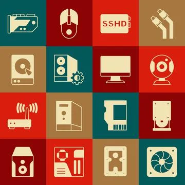 Set Computer cooler, Optical disc drive, Web camera, SSHD card, Case of computer Stock Illustration