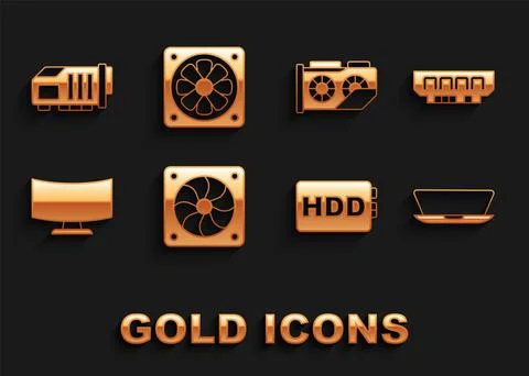 Set Computer cooler, RAM, random access memory, Laptop, Hard disk drive HDD Illustrazione stock