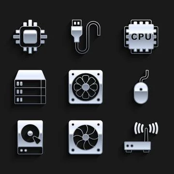 Set Computer cooler, Router and wi-fi signal, mouse, Hard disk drive HDD, Server 스톡 일러스트