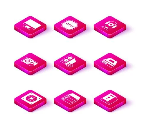 Set Computer cooler, Server, Data, Web Hosting, Video graphic card, Case of Illustrazione stock