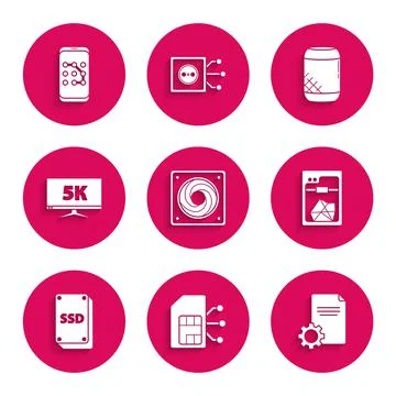 Set Computer cooler, Sim card, File document, 3D printer, SSD, Monitor display Stock Illustration