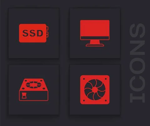Set Computer cooler, SSD card, monitor screen and icon. Vector Stock Illustration