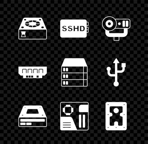 Set Computer cooler, SSHD card, Web camera, Optical disc drive, Motherboard Stock Illustration