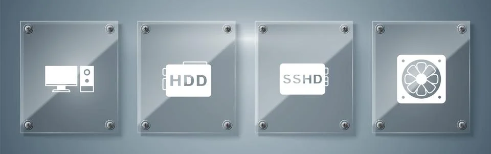 Set Computer cooler, SSHD card, Hard disk drive HDD and monitor. Square glass 스톡 일러스트