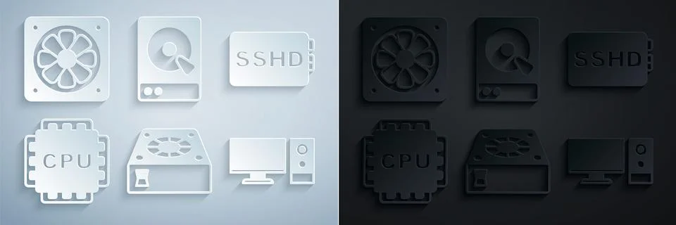 Set Computer cooler, SSHD card, Processor with CPU, monitor, Hard disk driv.. 스톡 일러스트