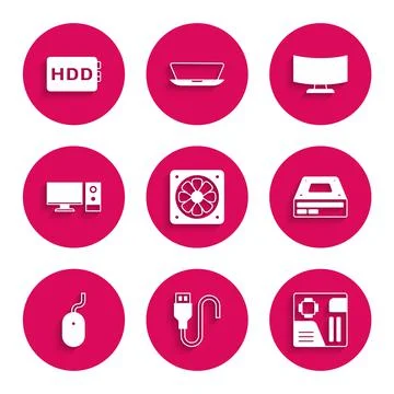 Set Computer cooler, USB cable cord, Motherboard digital chip, Optical disc Illustrazione stock