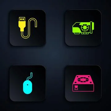 Set Computer cooler, USB cable cord, mouse and Video graphic card. Black square Stockillustratie