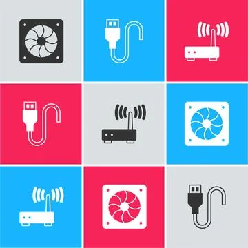 Set Computer cooler, USB cable cord and Router and wi-fi signal icon. Vector Stock Illustration
