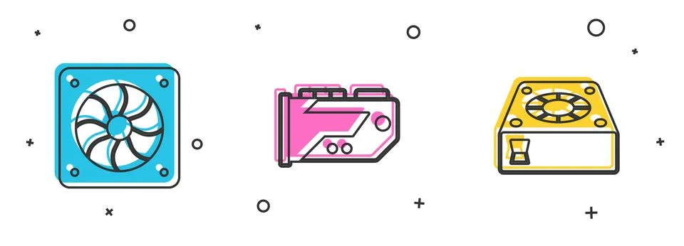 Set Computer cooler, Video graphic card and icon. Vector Stock Illustration
