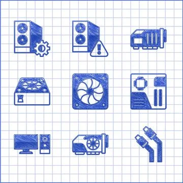 Set Computer cooler, Video graphic card, LAN cable network internet, Motherboard Illustrazione stock