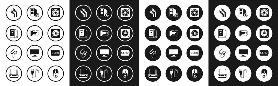 Set Computer cooler, Video graphic card, Case of computer, LAN cable network Illustrazione stock