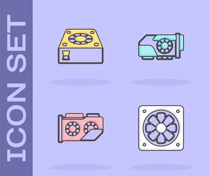 Set Computer cooler, , Video graphic card and icon. Vector Stock Illustration