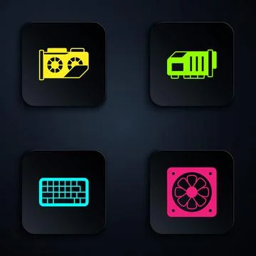 Set Computer cooler, Video graphic card, Keyboard and . Black square button Stock Illustration