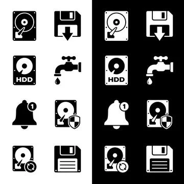 Set of computer data storage icons including hard drives, floppy disks, and.. Stock Illustration