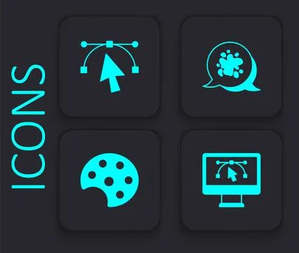 Set Computer with design program, Bezier curve, Paint spray and Palette ico.. Illustrazione stock