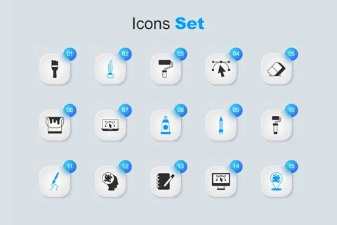 Set Computer with design program, Feather and inkwell, Paint brush, spray, .. Stock Illustration