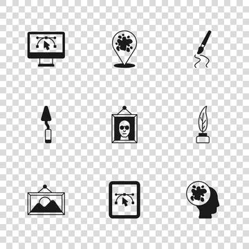 Set Computer with design program, Feather and inkwell, Paint spray, Picture.. イラスト素材