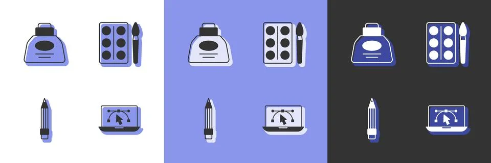 Set Computer with design program Inkwell Pencil eraser and Watercolor paints  Stock Illustration
