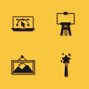 Set Computer with design program, Magic wand, Picture landscape and Wood ea.. Stock Illustration