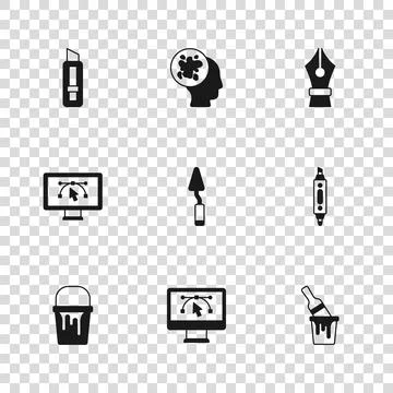 Set Computer with design program Marker pen Paint bucket brush Palette knife  Stock Illustration