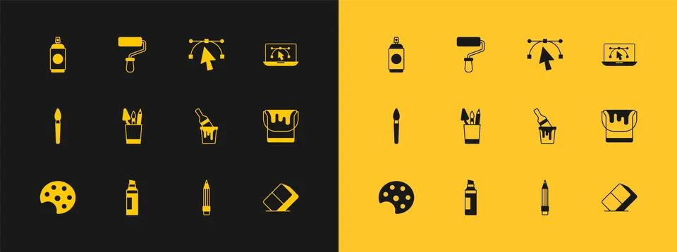 Set Computer with design program, Marker pen, Paint bucket brush, Pencil er.. Stock Illustration